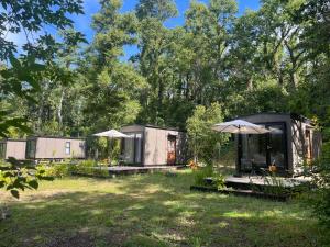 a group of four camping cottages in the woods at Ketrawe Lodge in Pucón