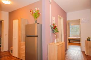 a room with a refrigerator and flowers on top of it at GMA Apartment B12 in Lahr