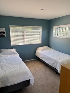 Waiheke IslandSeaview Escape, Onetangi的配有两张床铺的蓝色墙壁和窗户
