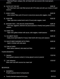 a screenshot of a page of a menu for a restaurant at Survivour Home in Nadi
