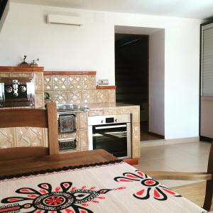 a kitchen with a stove and an oven at Siumno Izba B&B Brzegi in Brzegi