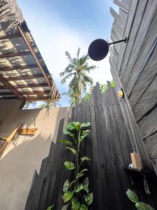 a wooden fence with a palm tree behind it at Hammerhead Villa, SHOTI Gili in Gili Trawangan