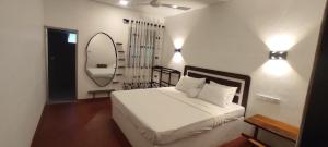 a bedroom with a bed with a mirror and lights at Ayuvilla in Goiyapana +15 photos