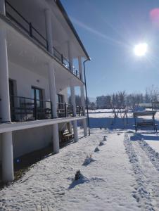 a building in the snow with birds walking around it at Перлина Карпат in Skhidnitsa