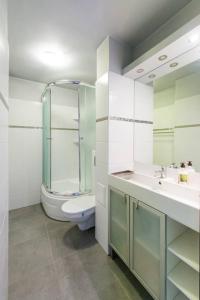 W łazience znajduje się toaleta, umywalka i prysznic. w obiekcie Studio Aleja Pokoju w Krakowie