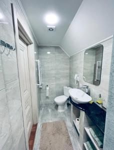 a bathroom with a toilet and a sink and a shower at Вілла Смерекова хата in Kelechin +9 photos