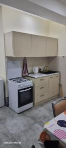 a kitchen with a stove and white cabinets at Harmonia in Tbilisi City