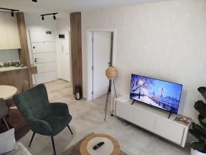 ein Wohnzimmer mit Fernseher und Sessel in der Unterkunft Silver 1 & SPA in Veliko Gradište