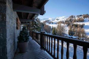 La Plagne TarentaiseにあるChalet Fend l'air - Plagne 1800 - 12 personnes - skis au Piedの鉢植えのクリスマスツリーのあるポーチ
