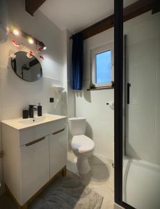 a bathroom with a toilet and a sink and a shower at Uniejów PORT in Uniejow