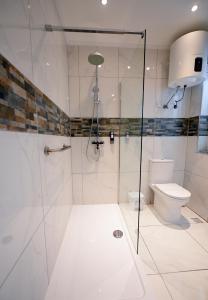 a bathroom with a shower and a toilet at The Exiles Hotel in Sliema