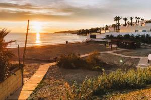 a beach with palm trees and the ocean at sunset at Family villa Casa KuKa I wonderful terrace with saltwater pool and BBQ area I beach in walking distance I pets welcome in Fuengirola