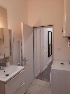 Baño blanco con lavabo y puerta en Grand studio au calme - Dijon centre, en Dijon