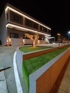 a building with a tree in front of it at night at D Suites & Rooms in Ioannina