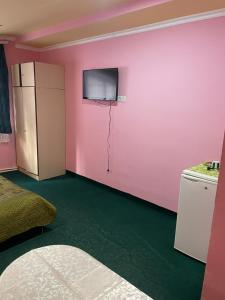 a room with a pink wall with a tv on the wall at At Roubo's in Tsaghkadzor +16 photos