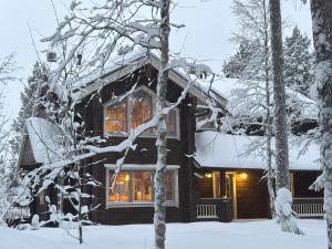 a log cabin in the snow with snow covered trees at Villa Vielma in Levi