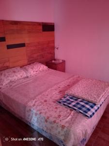 Un dormitorio con una cama con cabecero de madera. en Lo de tina, en Florencio Varela