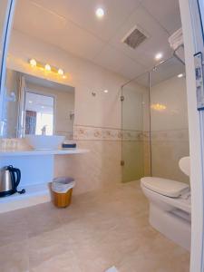 un bagno con wc, lavandino e doccia di Ngoc Hanh Beach Hotel a Vung Tau