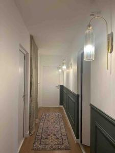 einen Flur mit einem Teppich und einem Kronleuchter in der Unterkunft M033 superbe studio centre ville in Annemasse