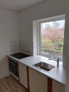 Una pequeña cocina con fregadero y ventana. en Zoo house near Billund Legoland, en Grindsted