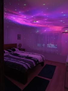 a bedroom with purple lights on the ceiling at Kuća za odmor Majka in Fojnica