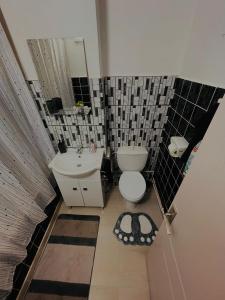 a bathroom with a white toilet and a sink at Pop’s Apartment in Lupeni +9 photos