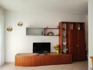 a living room with a tv and a wooden entertainment center at IL GIRASOLE in Tirano