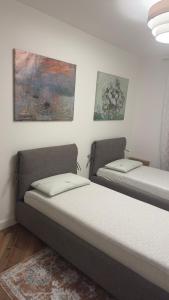 two beds in a room with paintings on the wall at Residenza FULLINI Polcenigo in Polcenigo