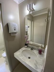 un bagno con lavandino e specchio di Premier Hotel a Votuporanga Altre 46 foto