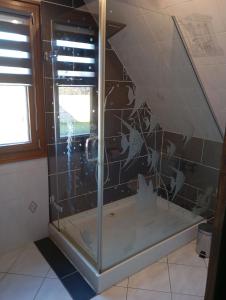 une douche avec une porte vitrée dans une salle de bain dans l'établissement Cottage champêtre, à Marmoutier 9 autres photos