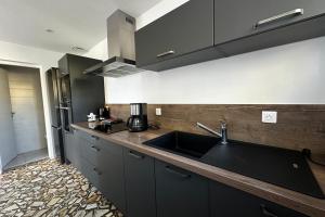 een keuken met zwarte kasten en een spoelbak bij La Mimosette Joli appartement 1 chambre tout confort proche de la plage in Le Grau-du-Roi +22 foto's