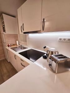 a kitchen with white cabinets and a counter top at Sea Diva - luxury boathouse in Portorož