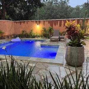 a swimming pool in a backyard with a chair and flowers at Pousada Renascer Park in Pirenópolis