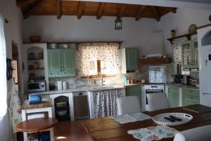 a kitchen with green cabinets and a wooden table at Pelion Kallisti in Pinakátai