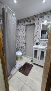 a bathroom with a shower and a toilet and a sink at La Reina in Eldorado +2 photos