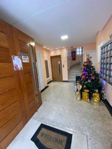 un arbre de Noël au milieu d'un couloir dans l'établissement Apto Santos Gonzaga 45 mtrs Praia, à Santos