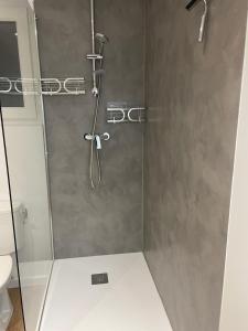 a bathroom with a shower with a glass door at les Gites de l’E.D.E. in Saint-Léger-les-Mélèzes +75 photos