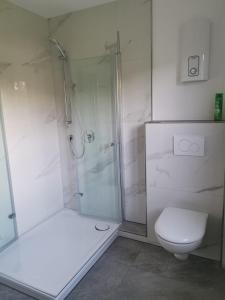 a white bathroom with a shower and a toilet at modernes stilvoll eingerichtetes Appartement in Rösrath