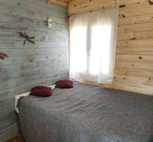a bedroom with a bed and a window with two pillows at La poderosa delta tigre in Tigre