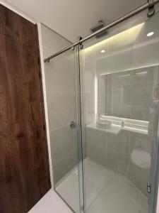 una doccia in vetro in un bagno con WC di Suite de Lujo en Vou 106 a Bogotá