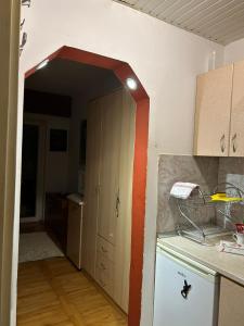 Una cocina con una puerta abierta a una cocina con encimera. en Dalijan Apartman, en Ohrid
