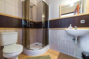 un bagno con doccia, WC e lavandino di Noclegi Komfort a Lublino