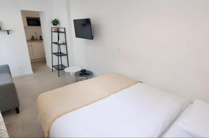 a white room with a bed and a tv at Grand studio avec Jardin, Parking gratuit in Châteauroux