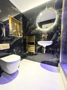 a bathroom with a toilet sink and a mirror at The Secret Agent Apartment - Brought to you by Coastline Retreats - Brand New - 2 mins walk to Beach - Childrens play den - Pool Table - Time Crisis Arcade Machine in Southbourne +31 photos