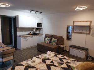 a small living room with a couch and a kitchen at LILLY apartman in Vrnjačka Banja