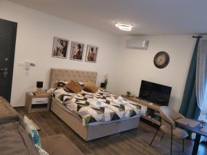 a bedroom with a bed and a living room at LILLY apartman in Vrnjačka Banja