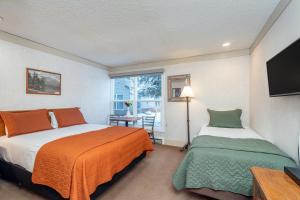 Un dormitorio con dos camas y una ventana. en Mountainside Inn 406 by Alpine Lodging Telluride, en Telluride