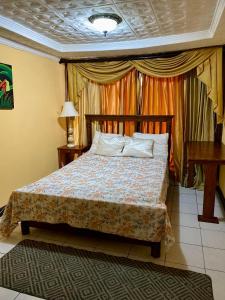 - une chambre avec un lit, une table et des rideaux dans l'établissement Casa Lupita Alajuela, à Alajuela