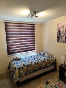 a bedroom with a bed and a window with blinds at Departamento en Linares in Linares