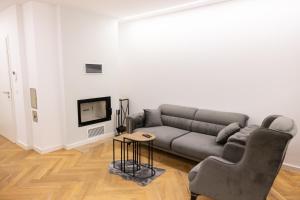 ein Wohnzimmer mit Sofa und Fernseher in der Unterkunft Neubau Apartment mit Kamin und Terrasse in Premium Lage Parkplatz inklusive in Bielefeld